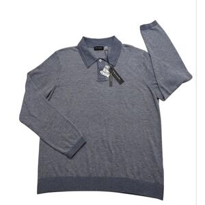 Tahari Wool Blend Long Sleeve Polo Shirt Men Large Textured‎ Knit Indigo Heather